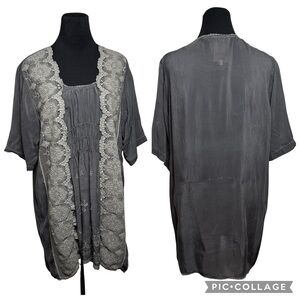 Johnny Was Gray Embroidered Lace Tunic Top Boho Hippie Gypsy Beach Lightwt FLAW